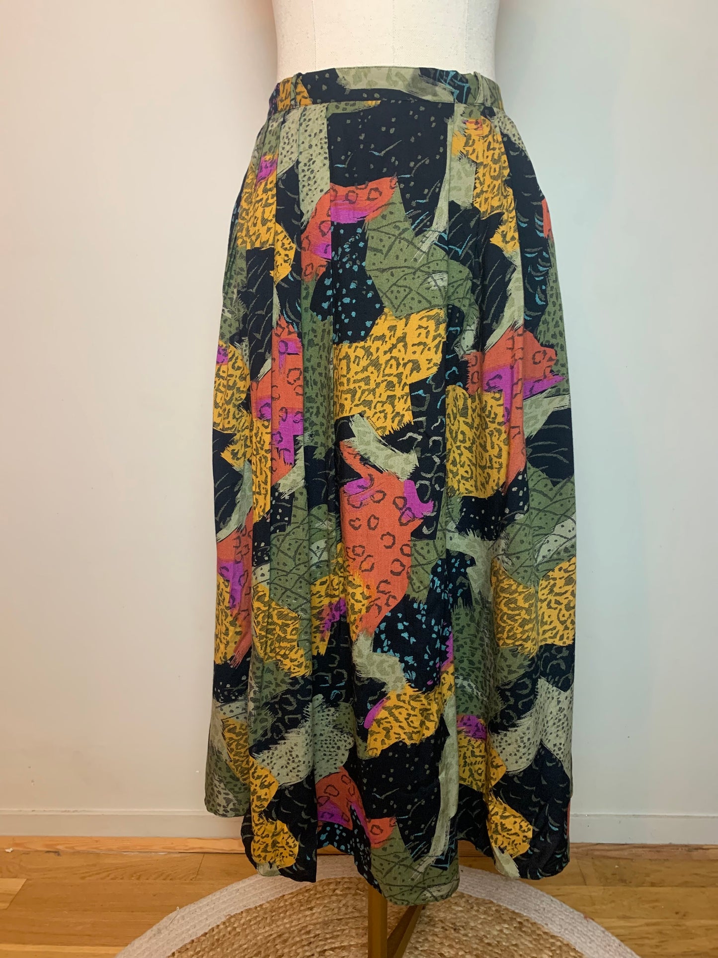 Jupe Midi Vintage Années 80 à Plis - 100% Viscose - Imprimé Floral & Géométrique - T. 36