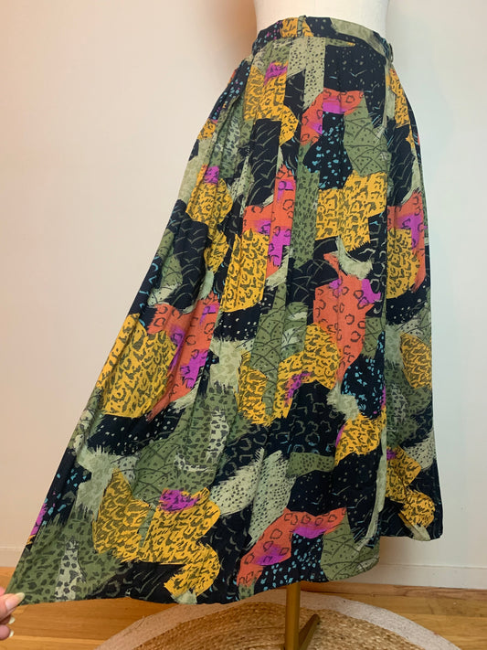 Jupe Midi Vintage Années 80 à Plis - 100% Viscose - Imprimé Floral & Géométrique - T. 36