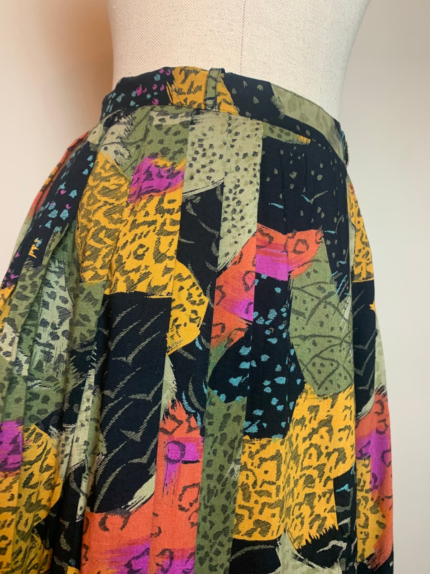 Jupe Midi Vintage Années 80 à Plis - 100% Viscose - Imprimé Floral & Géométrique - T. 36
