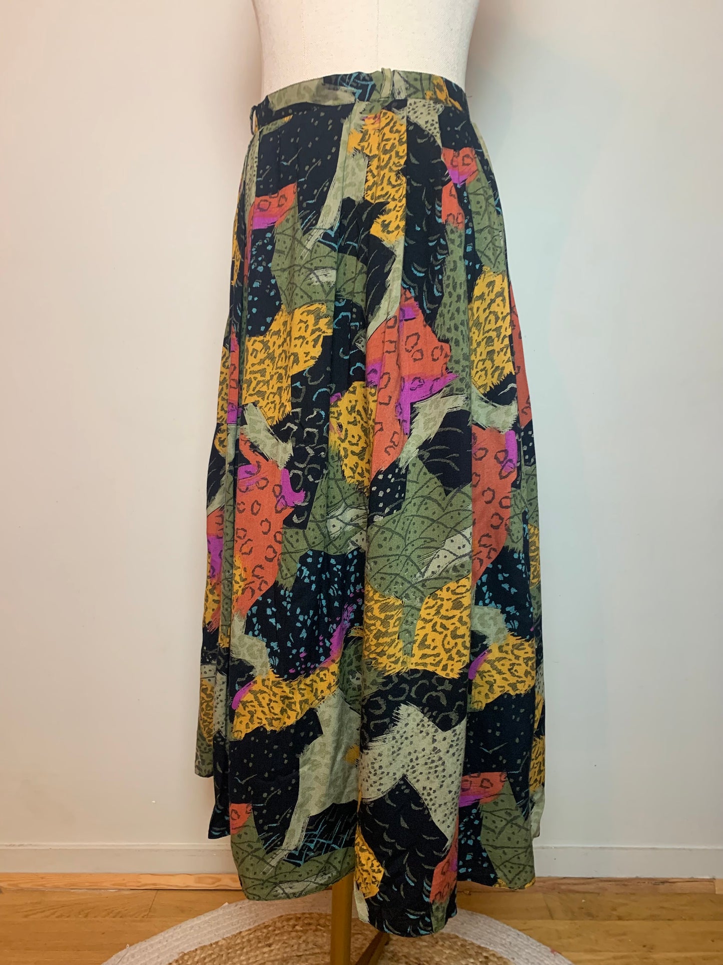Jupe Midi Vintage Années 80 à Plis - 100% Viscose - Imprimé Floral & Géométrique - T. 36