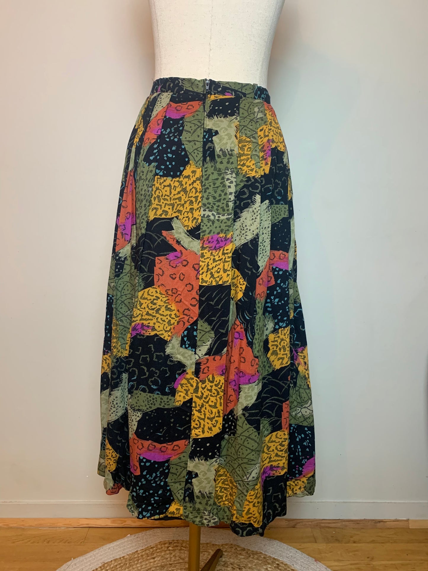 Jupe Midi Vintage Années 80 à Plis - 100% Viscose - Imprimé Floral & Géométrique - T. 36