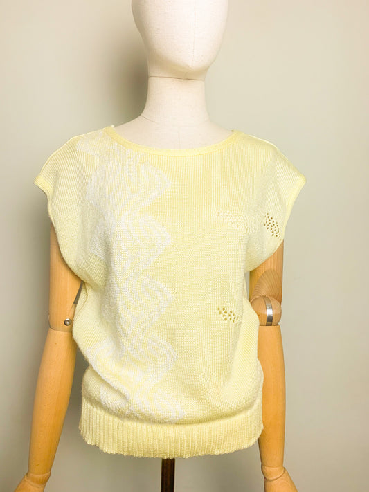 Top en maille sans manches jaune pastel et blanc vintage
