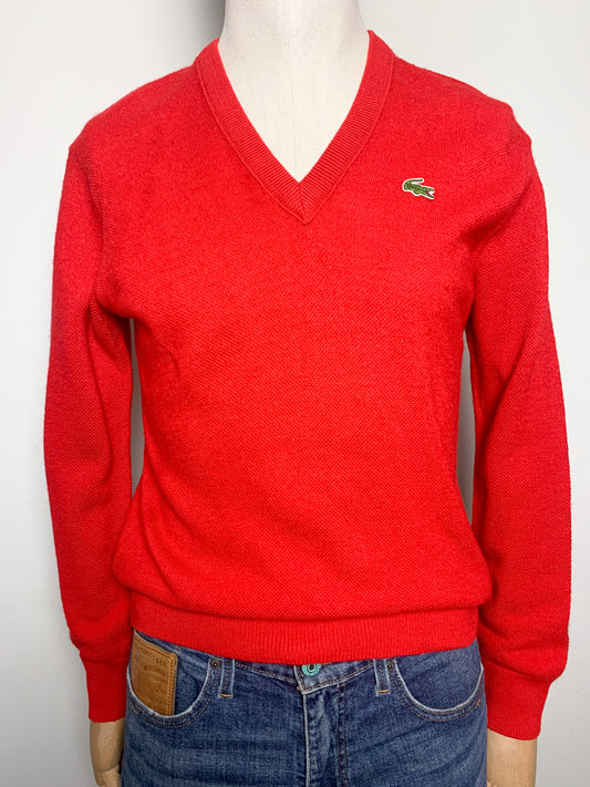 Pull Vintage années70/80 Lacoste Rouge Col V T M Homme / Oversize Femme - 60% Laine - Unisexe