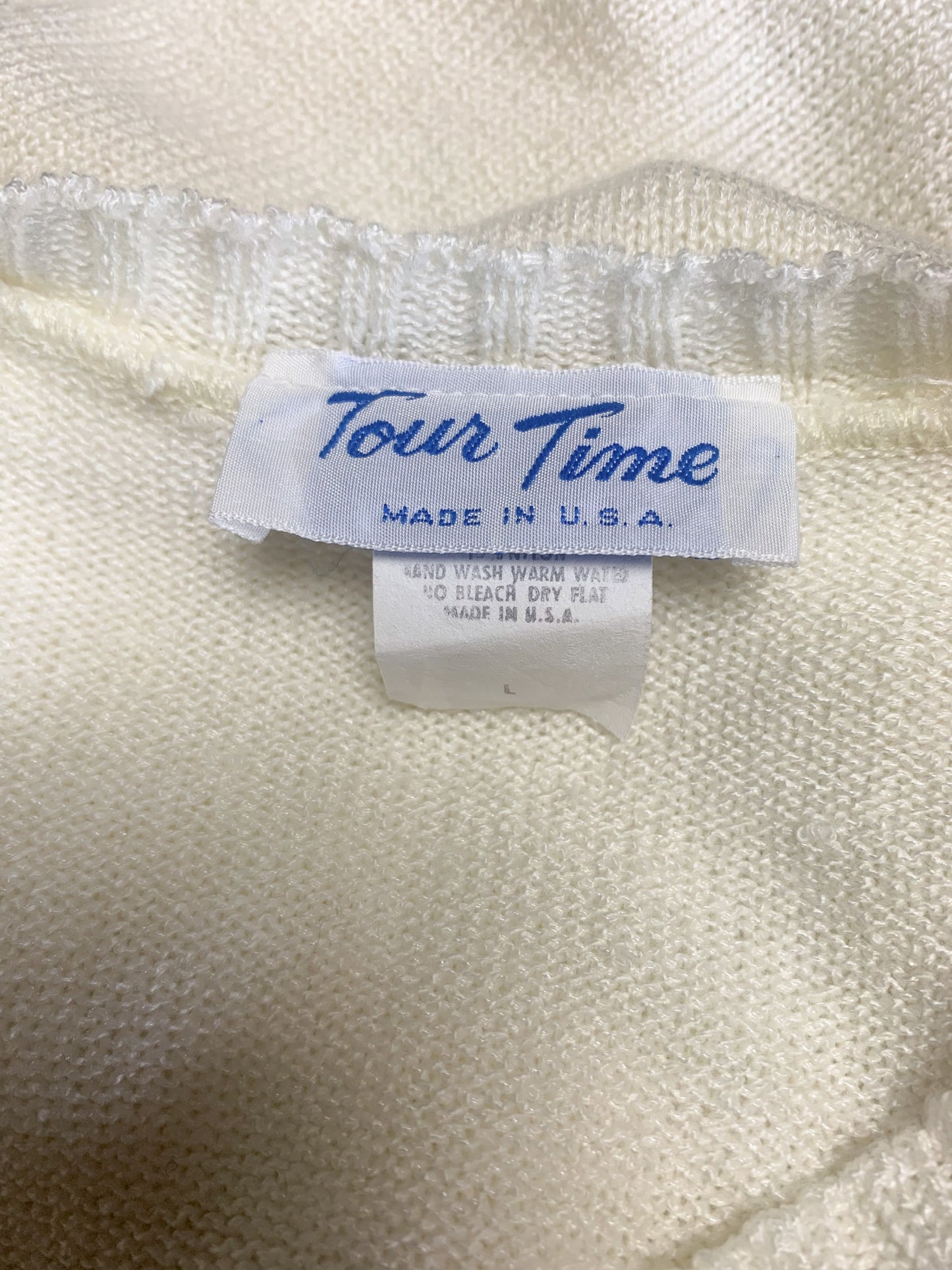 Pull Vintage Années 80 - Mailles Crème & Pois Marine - Épaulettes - "Made in USA" T. 38/40