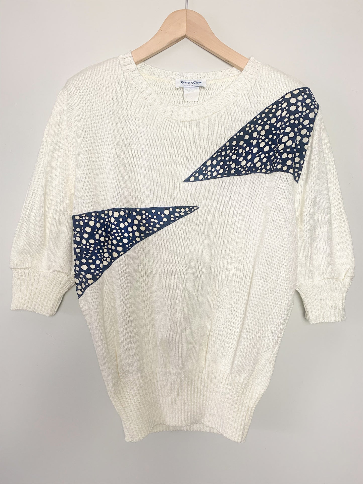 Pull Vintage Années 80 - Mailles Crème & Pois Marine - Épaulettes - "Made in USA" T. 38/40