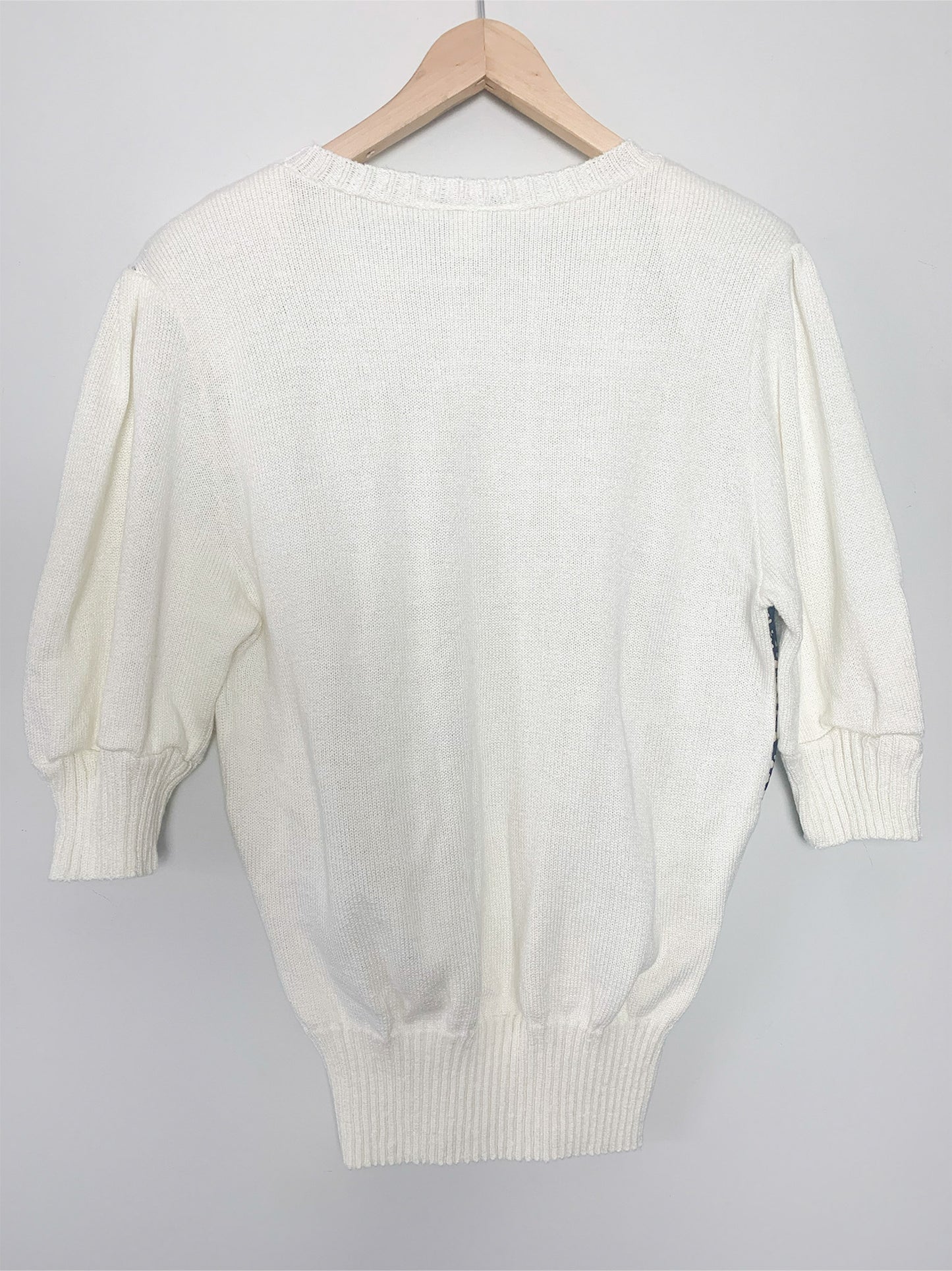 Pull Vintage Années 80 - Mailles Crème & Pois Marine - Épaulettes - "Made in USA" T. 38/40