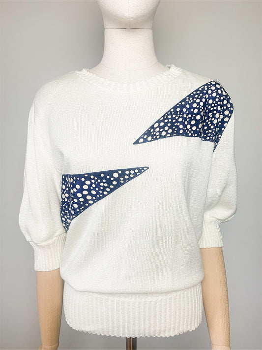 Pull Vintage Années 80 - Mailles Crème & Pois Marine - Épaulettes - "Made in USA" T. 38/40