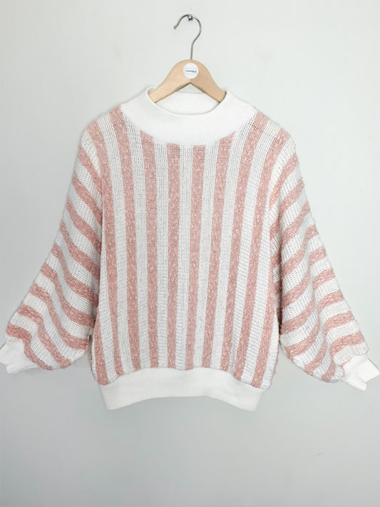 Pull Vintage C&A - Col Cheminée Rayé Rose & Blanc - T. 38/40
