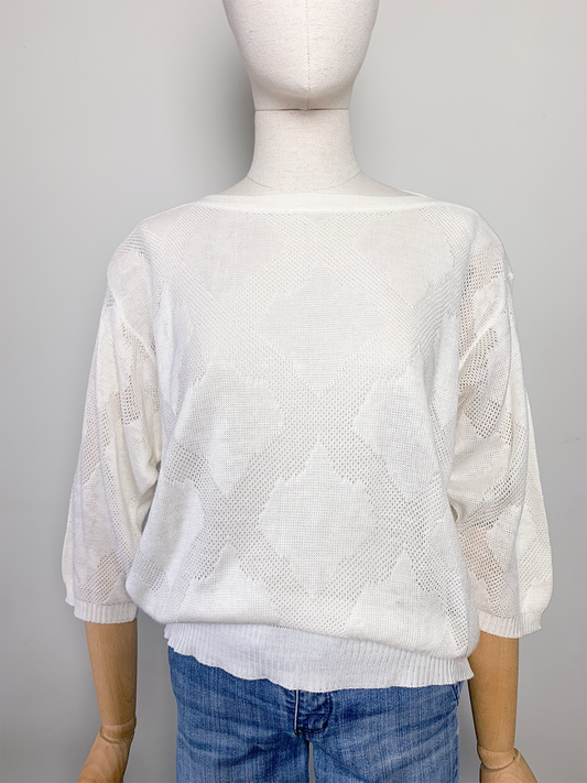 Pull fin en maille ajouré blanc vintage Damart