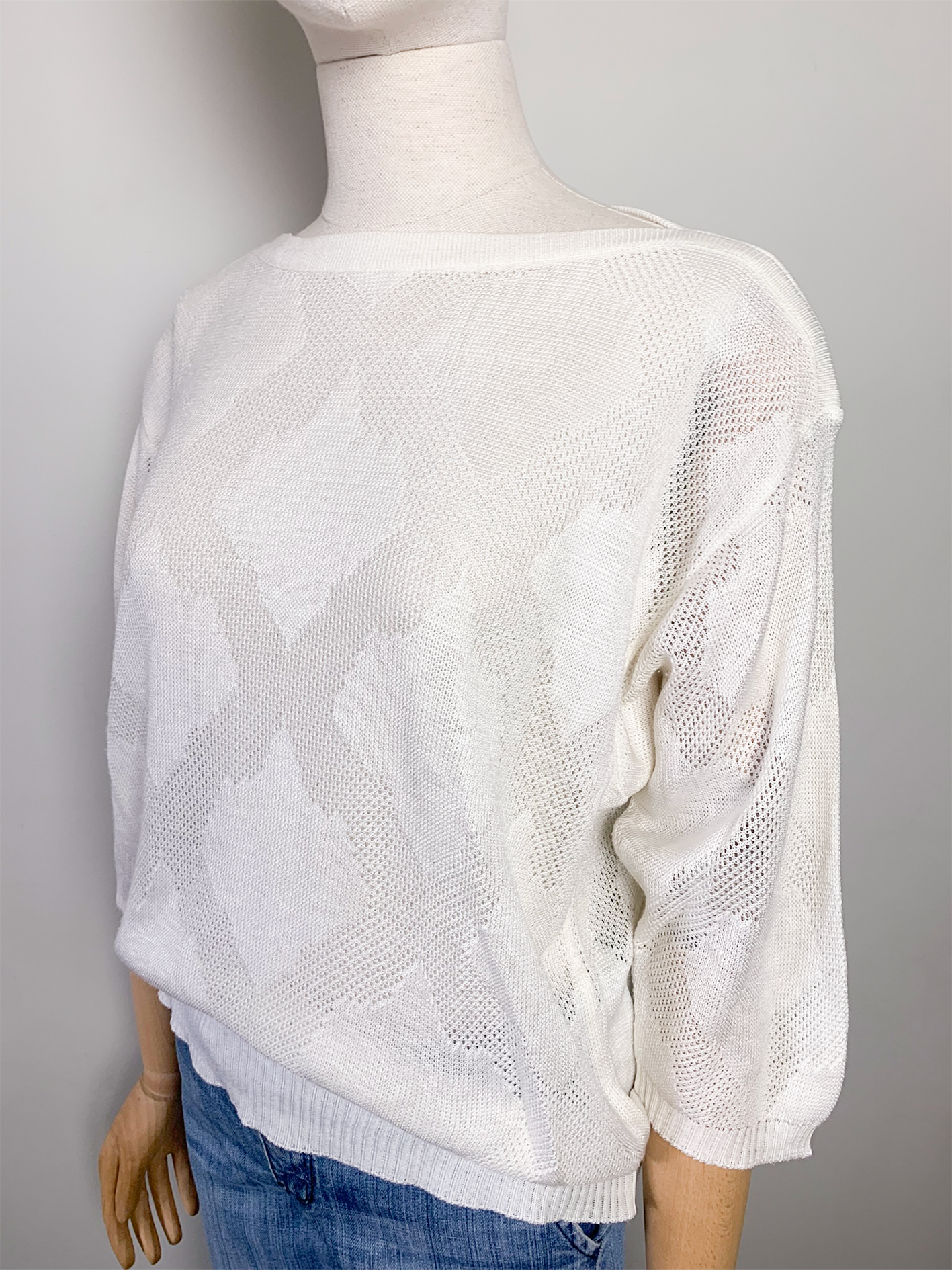 Pull fin en maille ajouré blanc vintage Damart