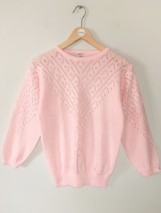 Pull Vintage Années 80 - Maille Ajourée Rose Dragée - T. 36