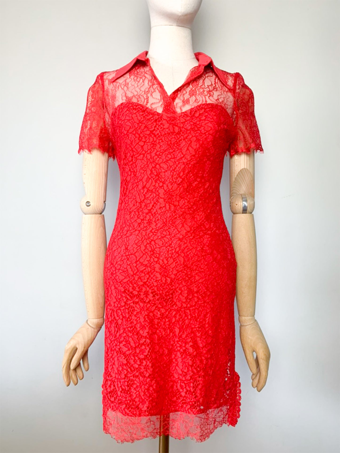 Robe Belair Dentelle Rouge - Col Chemise - Cocktail Cérémonie T36