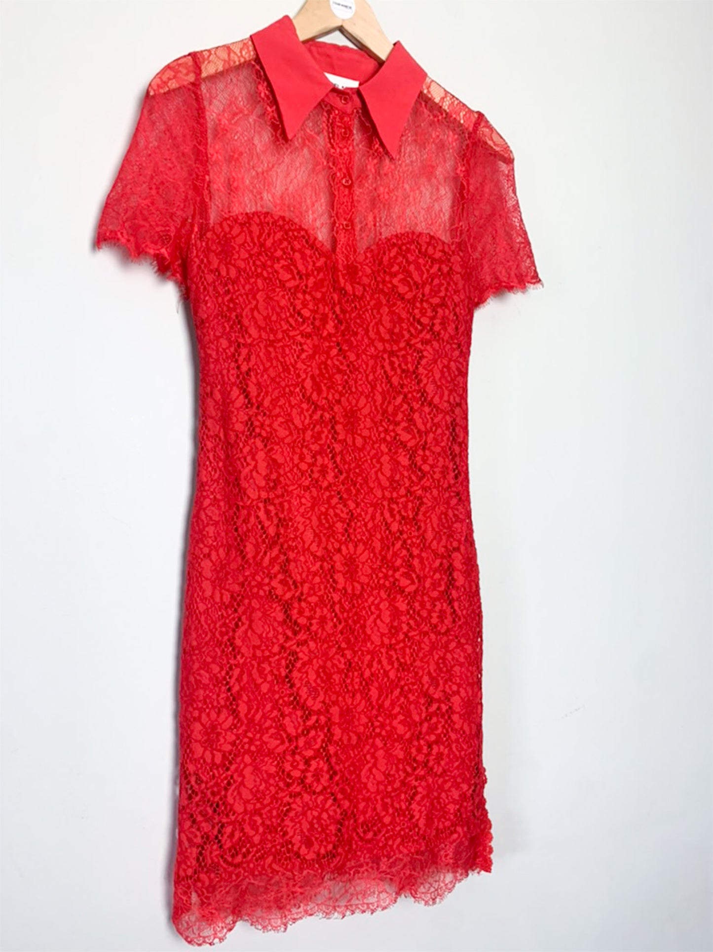 Robe Belair Dentelle Rouge - Col Chemise - Cocktail Cérémonie T36