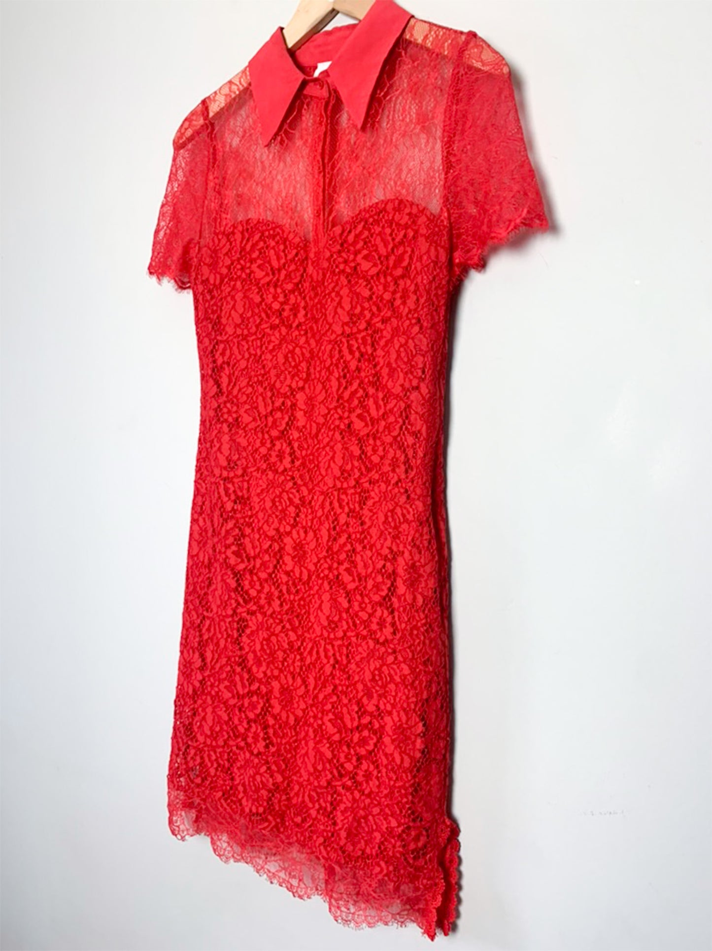 Robe Belair Dentelle Rouge - Col Chemise - Cocktail Cérémonie T36