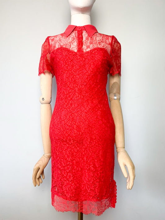 Robe Belair Dentelle Rouge - Col Chemise - Cocktail Cérémonie T36