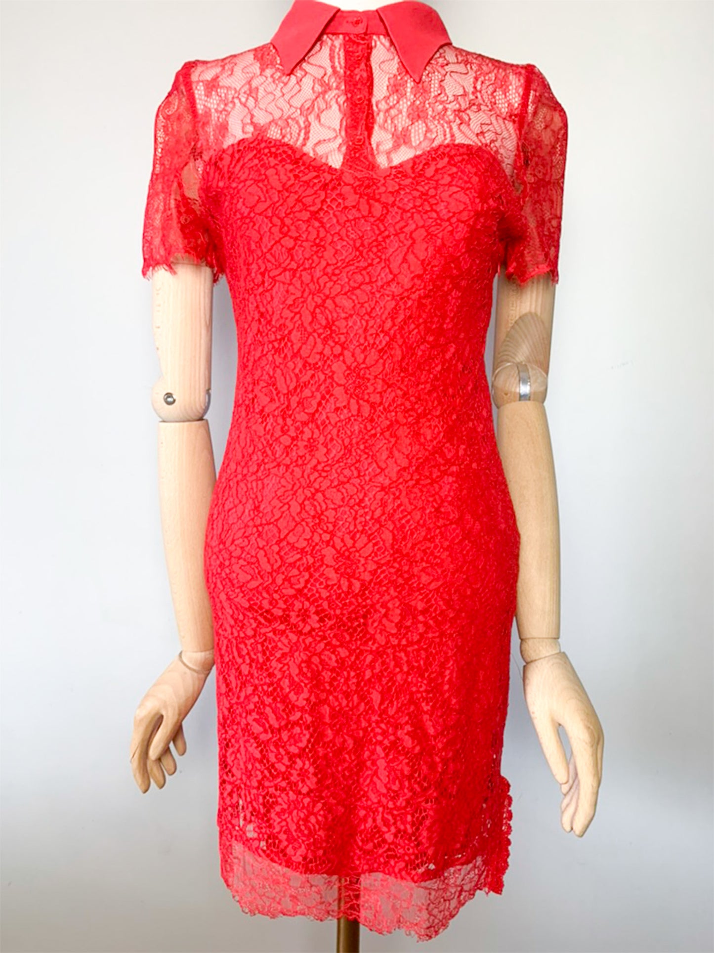 Robe Belair Dentelle Rouge - Col Chemise - Cocktail Cérémonie T36