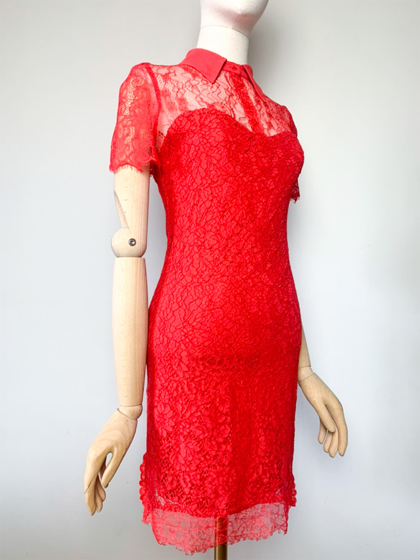 Robe Belair Dentelle Rouge - Col Chemise - Cocktail Cérémonie T36