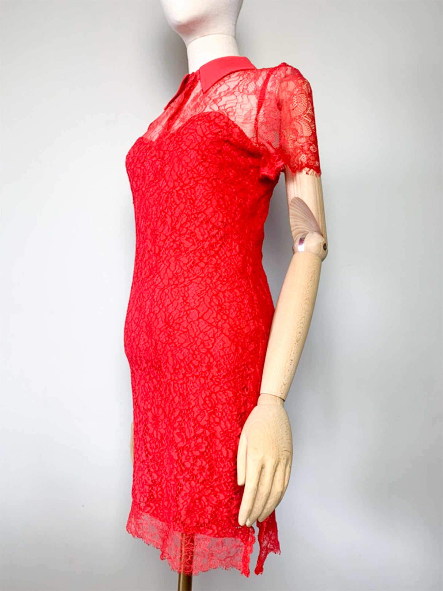 Robe Belair Dentelle Rouge - Col Chemise - Cocktail Cérémonie T36