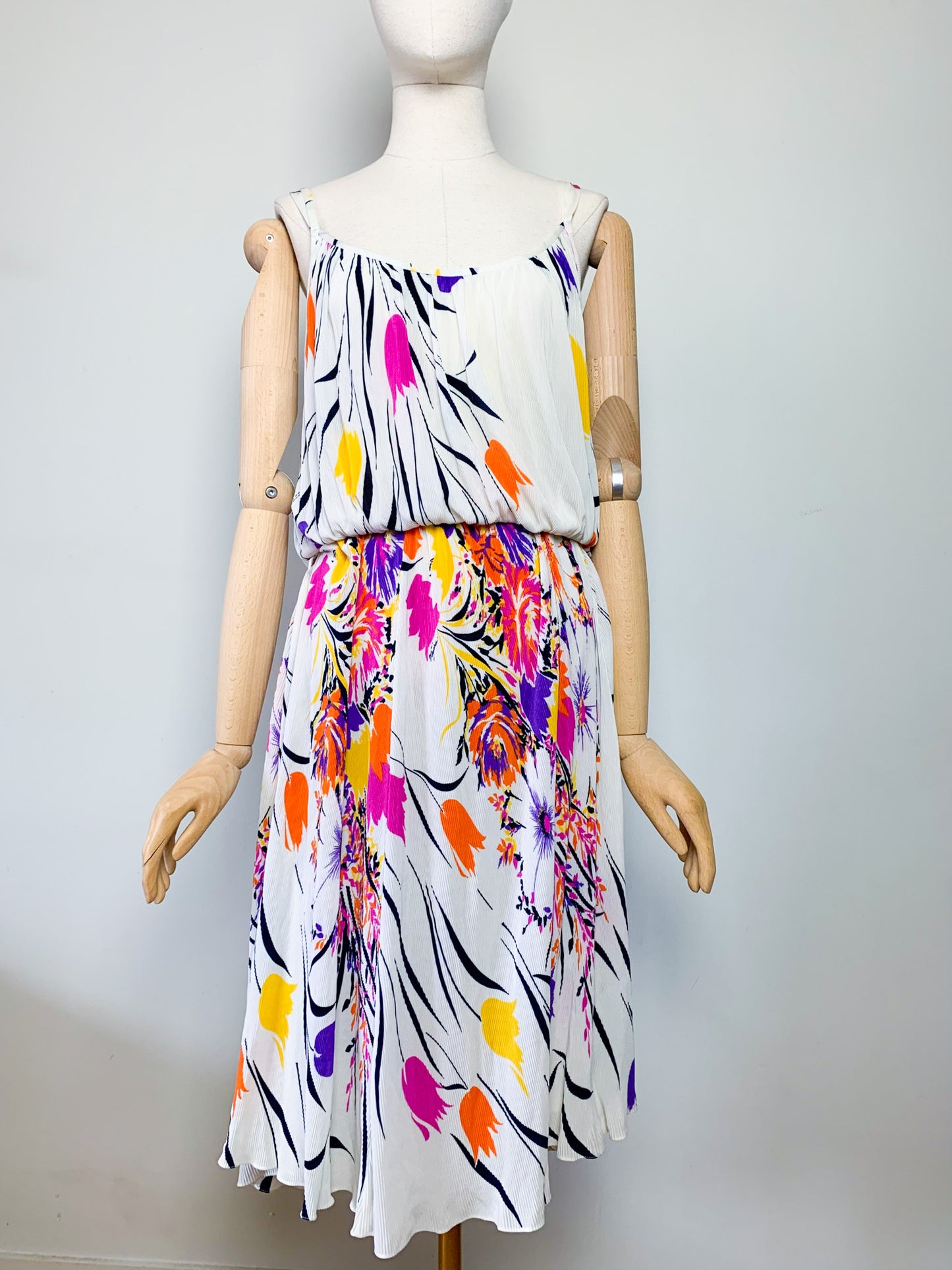Robe Midi Plissée Vintage Années 80 - Imprimé Floral Arlequin - Virginie Paris - T. 36/38