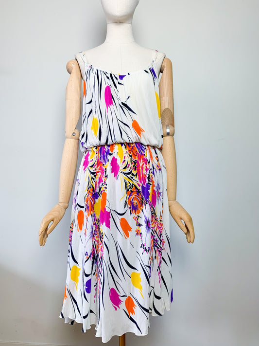 Robe Midi Plissée Vintage Années 80 - Imprimé Floral Arlequin - Virginie Paris - T. 36/38
