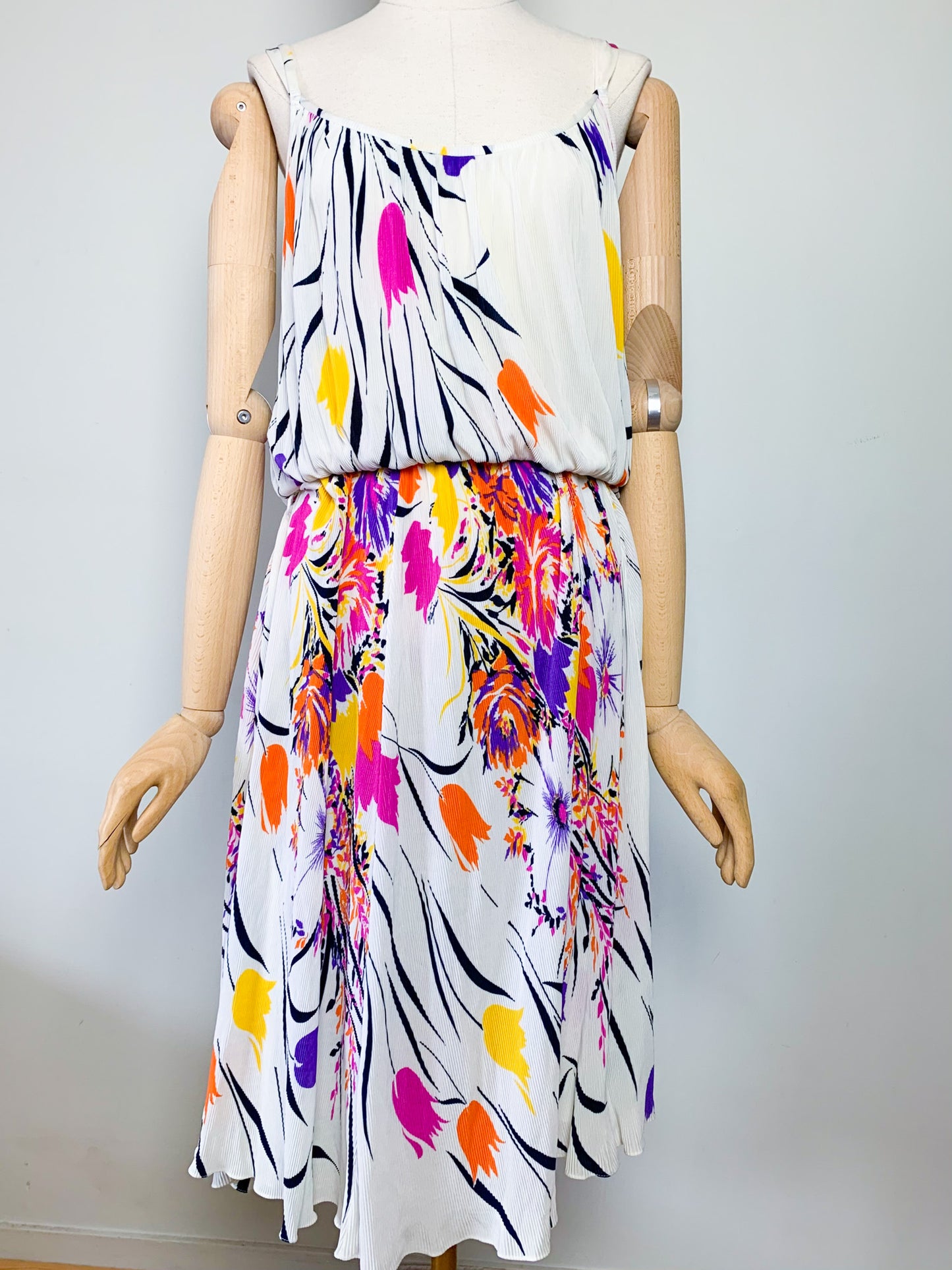 Robe Midi Plissée Vintage Années 80 - Imprimé Floral Arlequin - Virginie Paris - T. 36/38