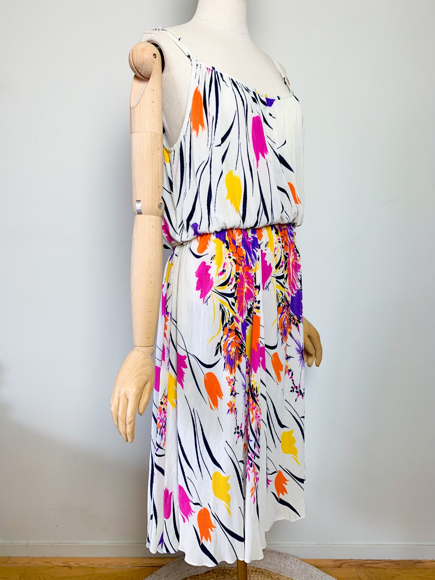 Robe Midi Plissée Vintage Années 80 - Imprimé Floral Arlequin - Virginie Paris - T. 36/38