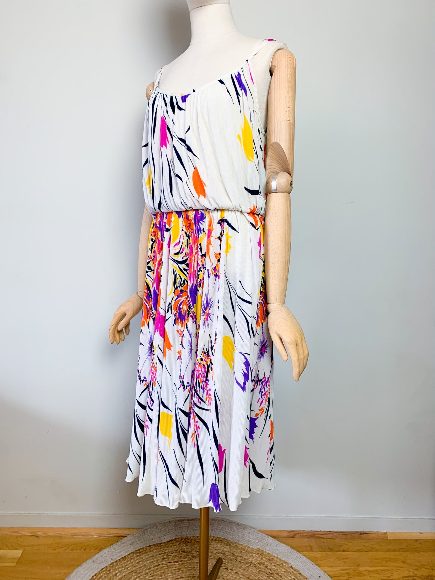 Robe Midi Plissée Vintage Années 80 - Imprimé Floral Arlequin - Virginie Paris - T. 36/38