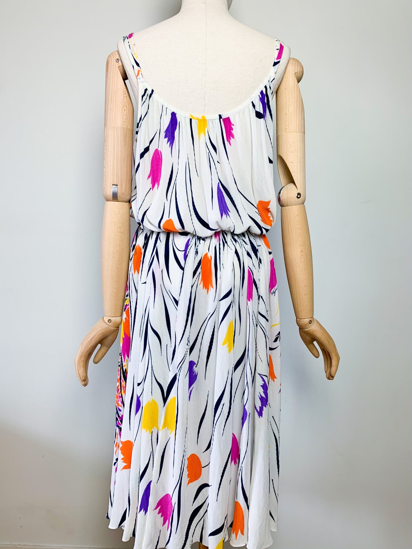 Robe Midi Plissée Vintage Années 80 - Imprimé Floral Arlequin - Virginie Paris - T. 36/38
