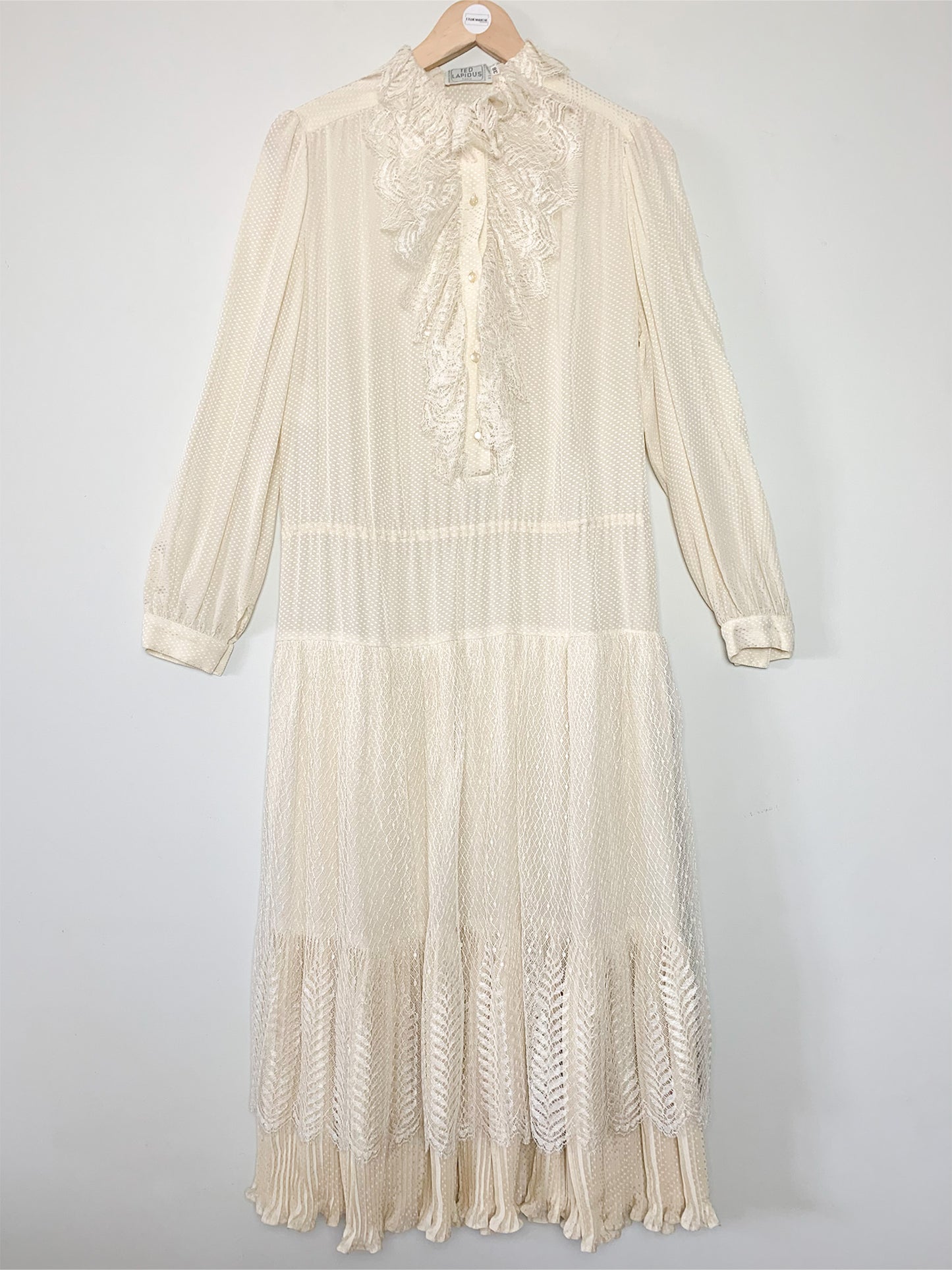 Robe Midi Vintage TED LAPIDUS Luxe - 100% Soie Crème - Dentelle & Plissés Romantiques - Années 70 - Taille 36/38