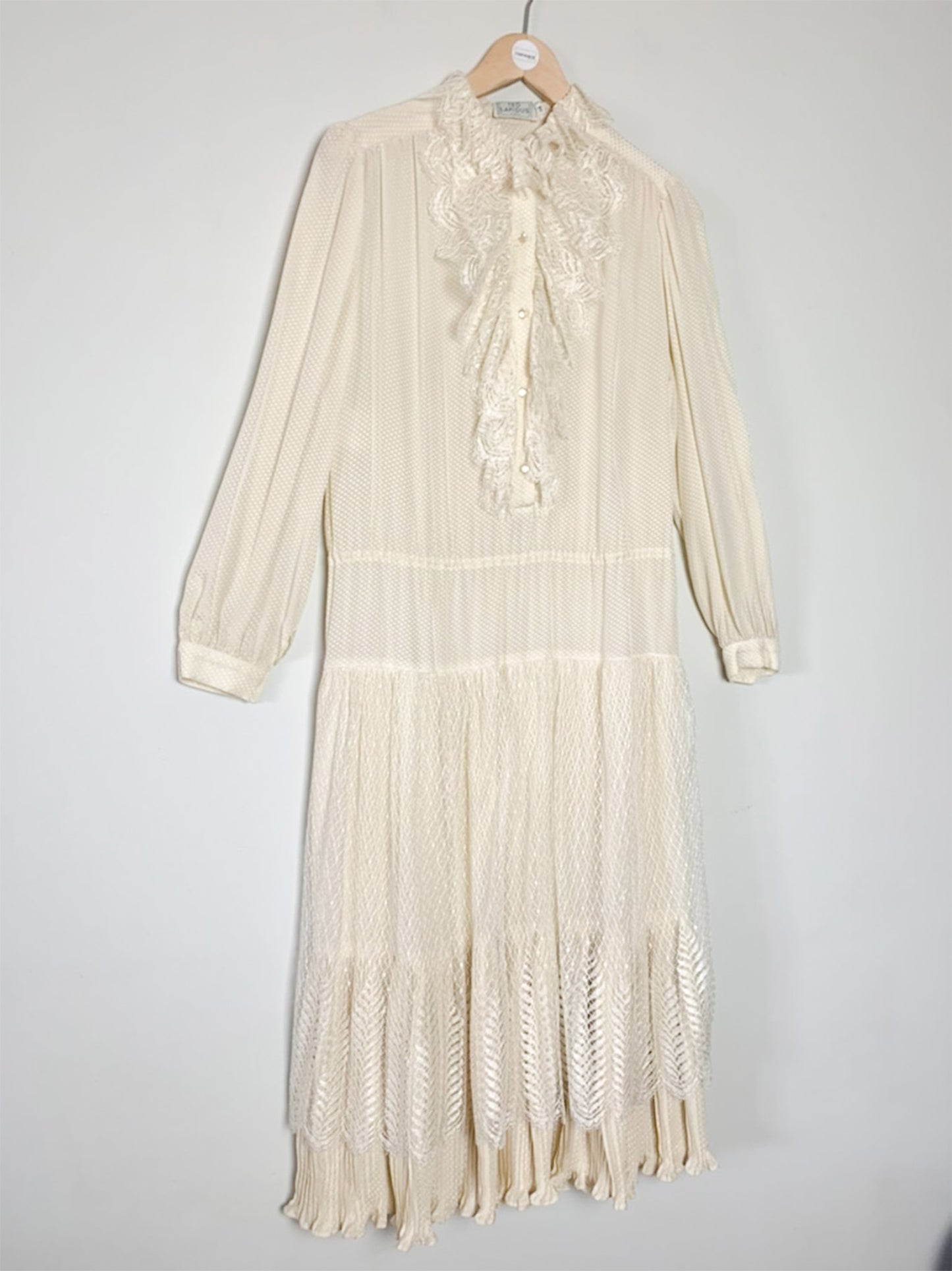 Robe Midi Vintage TED LAPIDUS Luxe - 100% Soie Crème - Dentelle & Plissés Romantiques - Années 70 - Taille 36/38