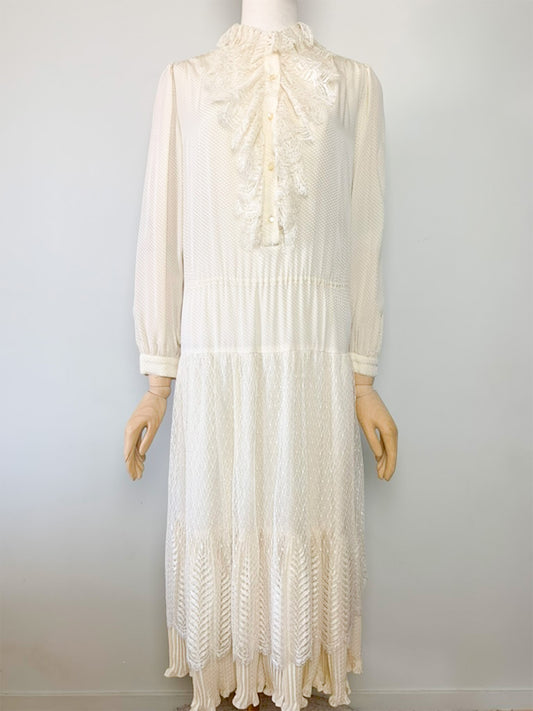 Robe Midi Vintage TED LAPIDUS Luxe - 100% Soie Crème - Dentelle & Plissés Romantiques - Années 70 - Taille 36/38