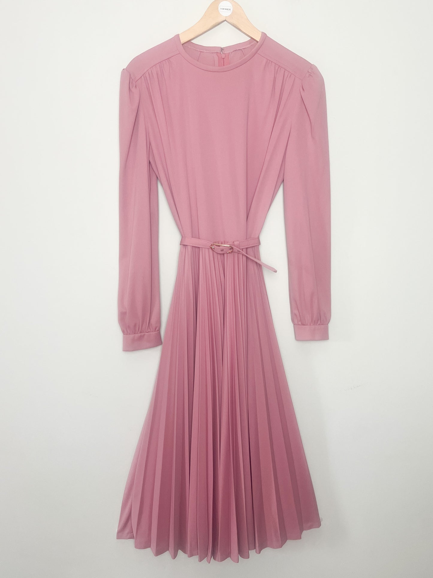 Robe vintage années 80, midi plissé soleil, rose poudré, avec ceinture, T 38