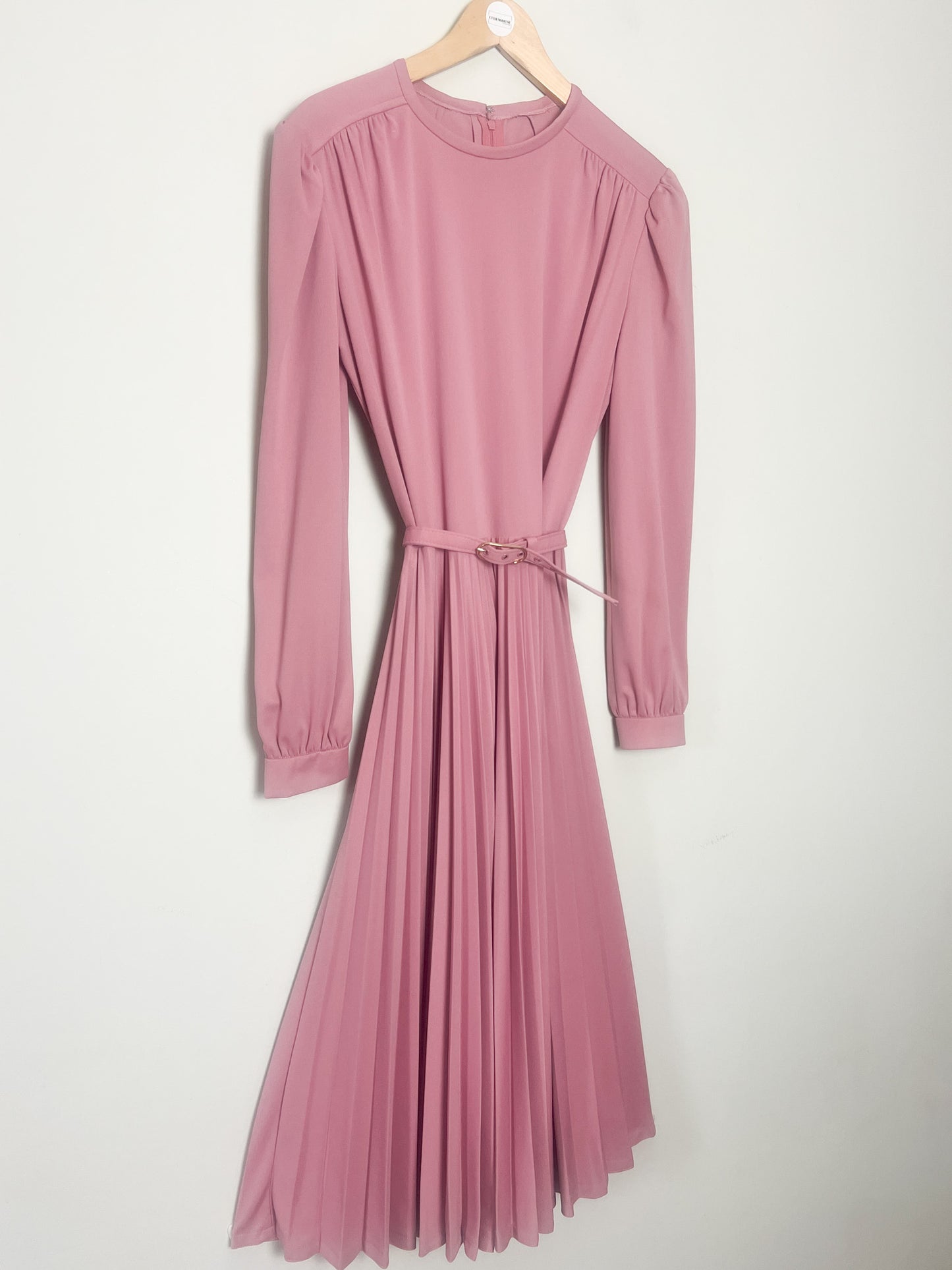 Robe vintage années 80, midi plissé soleil, rose poudré, avec ceinture, T 38