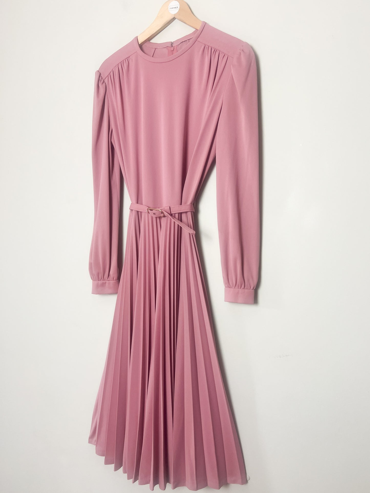 Robe vintage années 80, midi plissé soleil, rose poudré, avec ceinture, T 38