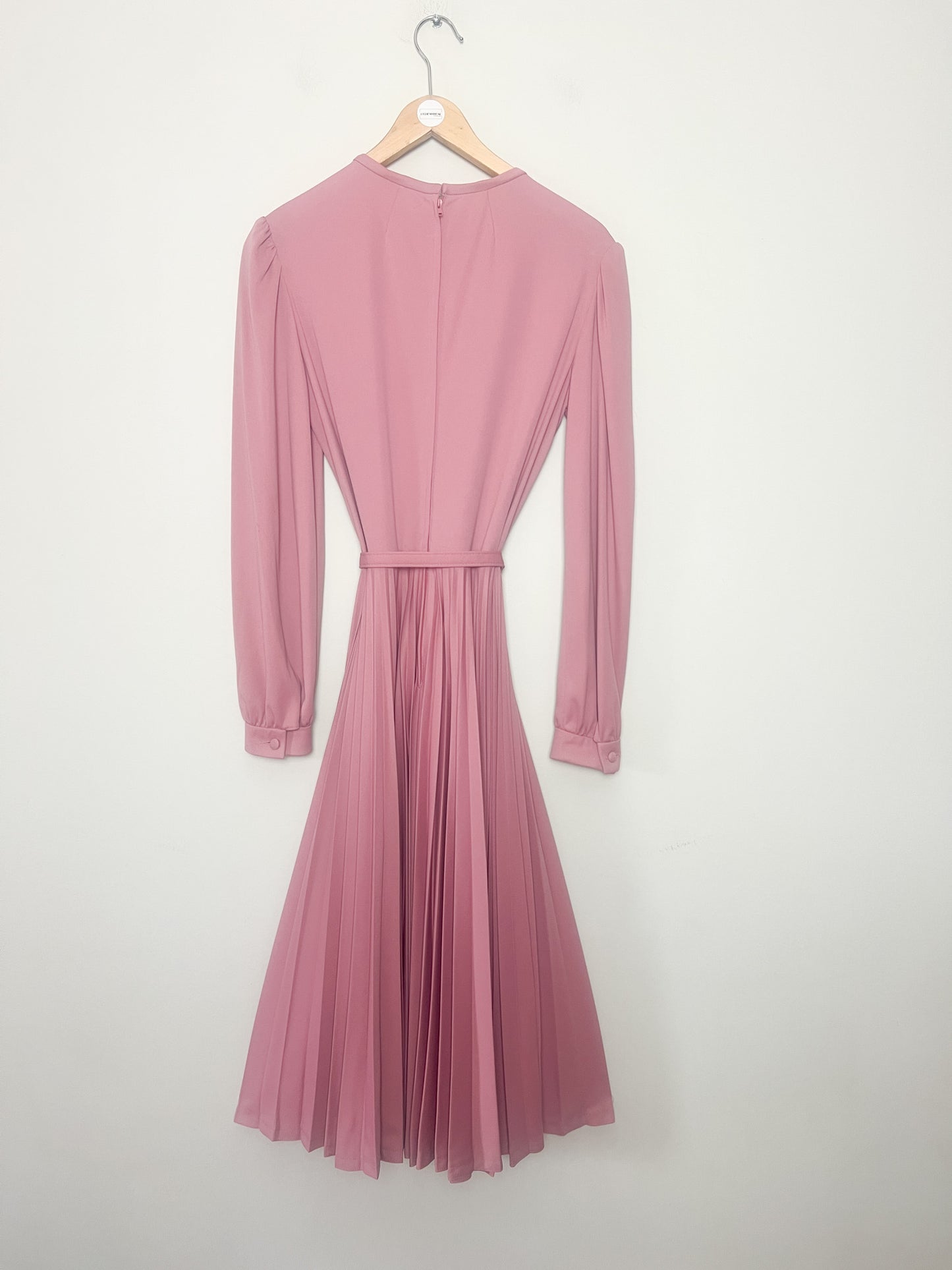 Robe vintage années 80, midi plissé soleil, rose poudré, avec ceinture, T 38