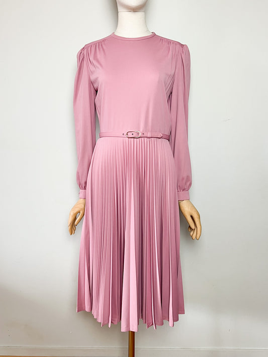 Robe vintage années 80, midi plissé soleil, rose poudré, avec ceinture, T 38