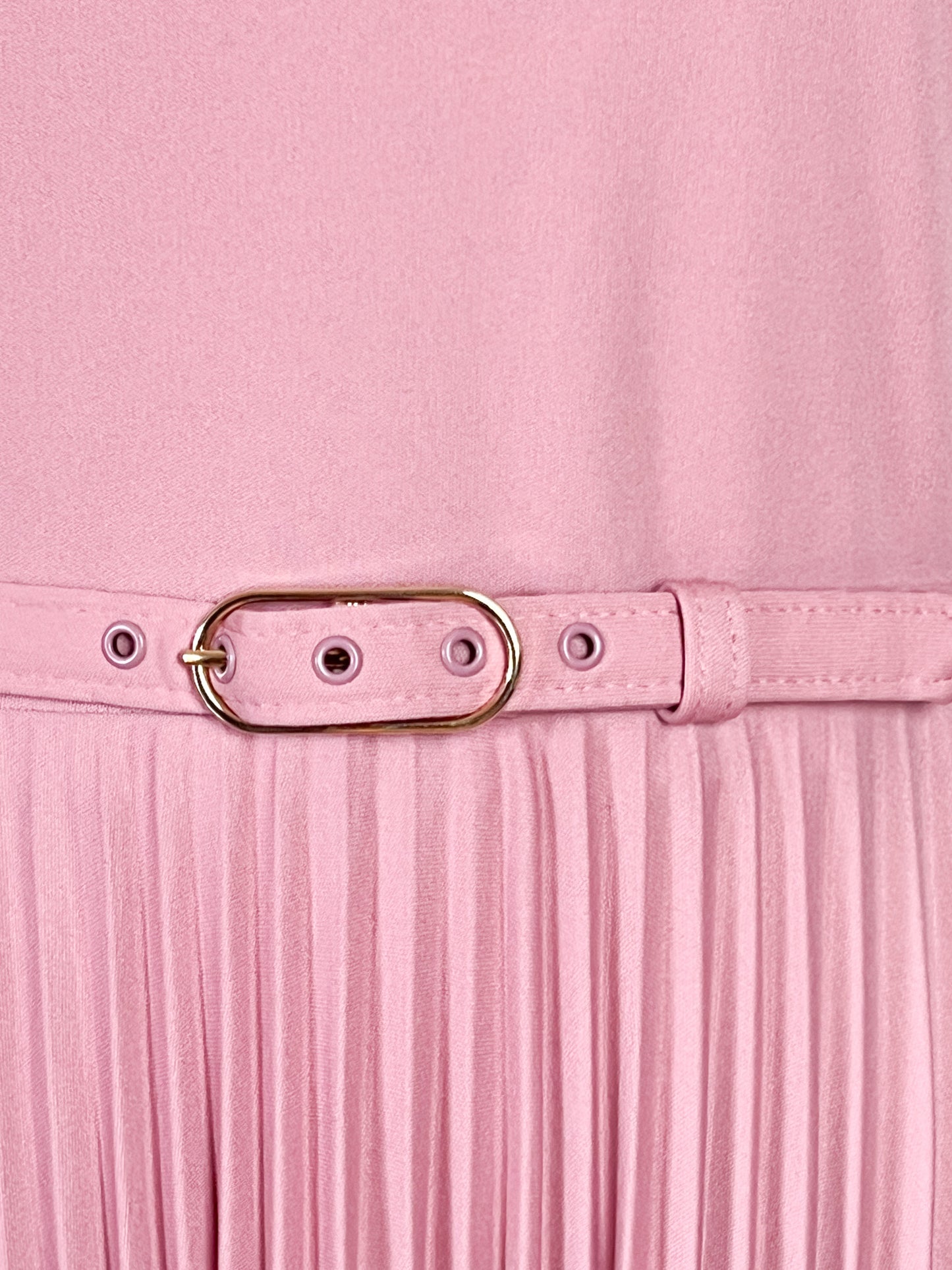 Robe vintage années 80, midi plissé soleil, rose poudré, avec ceinture, T 38