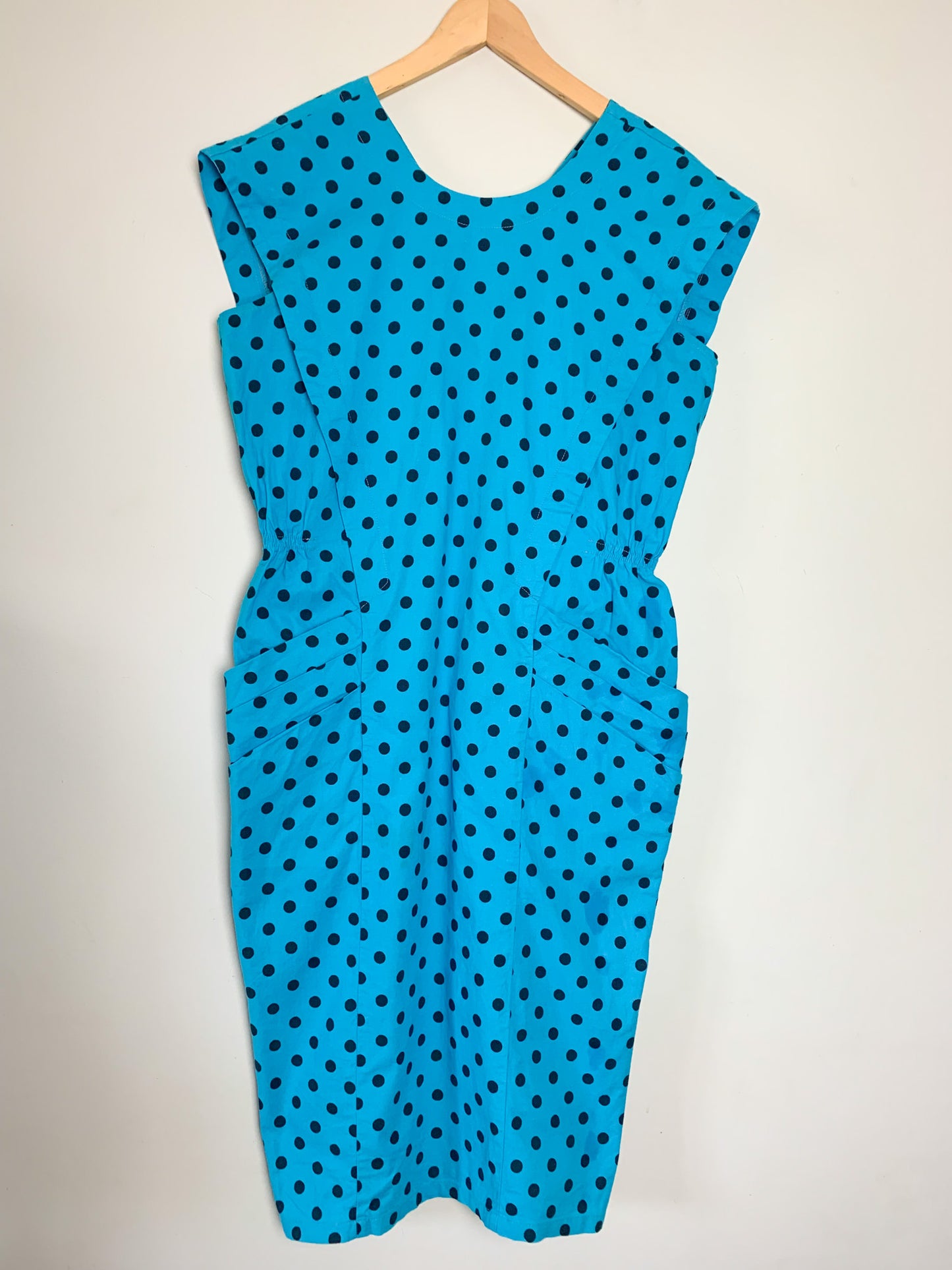 Robe Vintage Années 80 90 Coupe Crayon Turquoise à Pois Noir - 100% Coton - Boutons au Dos T40 (L)