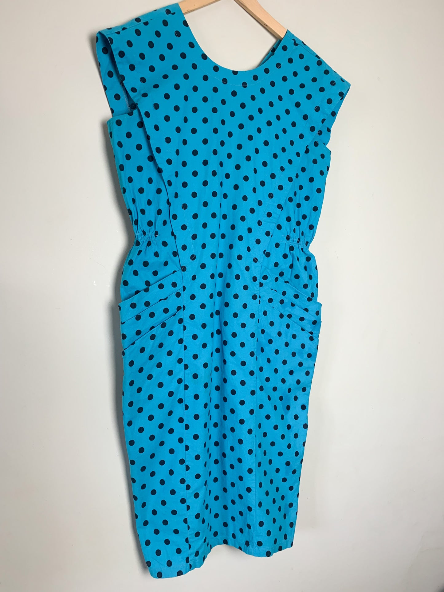Robe Vintage Années 80 90 Coupe Crayon Turquoise à Pois Noir - 100% Coton - Boutons au Dos T40 (L)