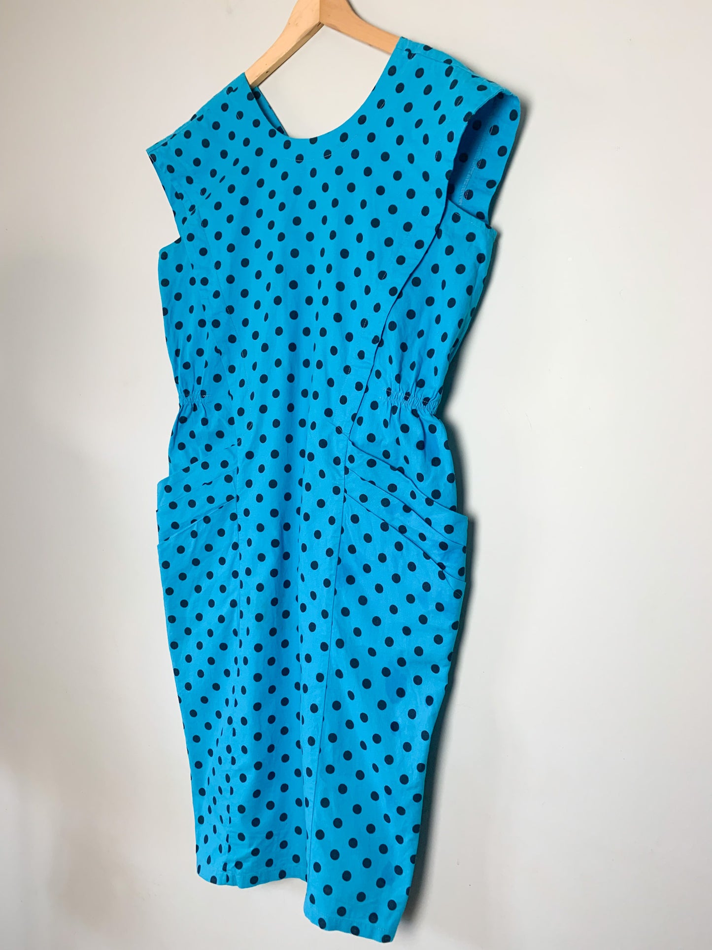 Robe Vintage Années 80 90 Coupe Crayon Turquoise à Pois Noir - 100% Coton - Boutons au Dos T40 (L)