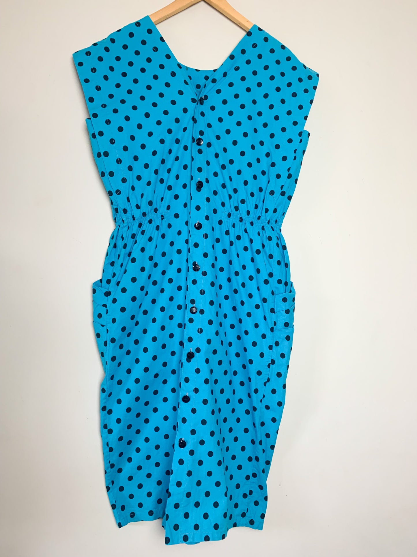 Robe Vintage Années 80 90 Coupe Crayon Turquoise à Pois Noir - 100% Coton - Boutons au Dos T40 (L)