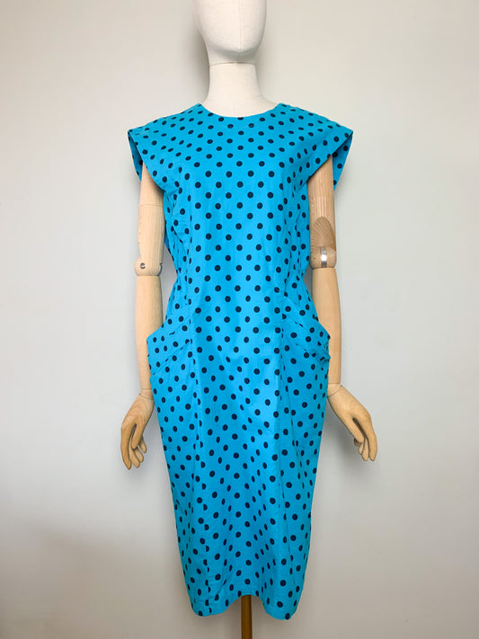 Robe Vintage Années 80 90 Coupe Crayon Turquoise à Pois Noir - 100% Coton - Boutons au Dos T40 (L)
