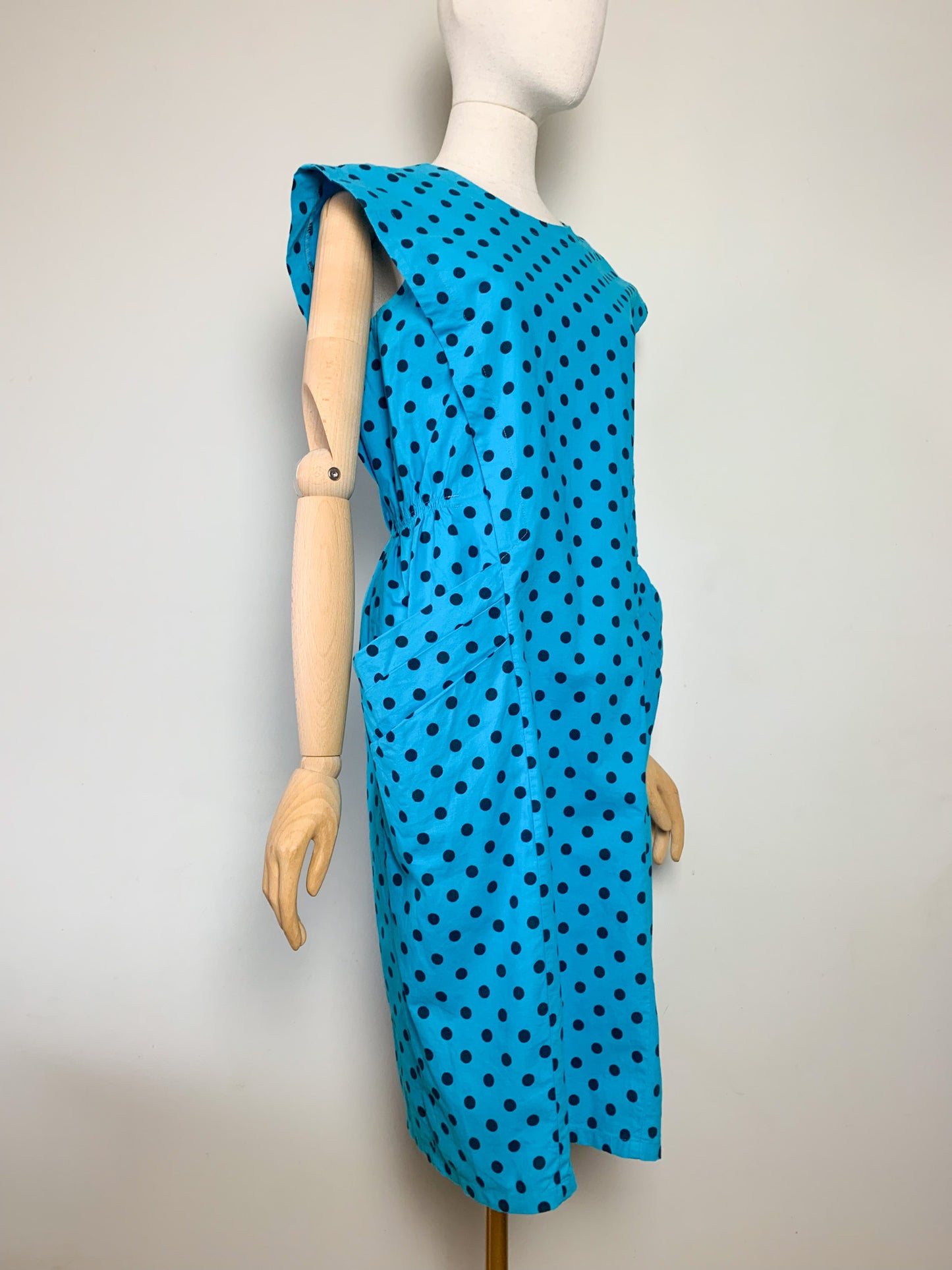 Robe Vintage Années 80 90 Coupe Crayon Turquoise à Pois Noir - 100% Coton - Boutons au Dos T40 (L)