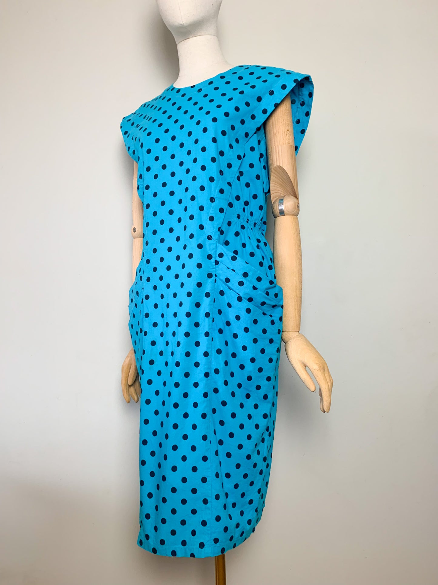 Robe Vintage Années 80 90 Coupe Crayon Turquoise à Pois Noir - 100% Coton - Boutons au Dos T40 (L)