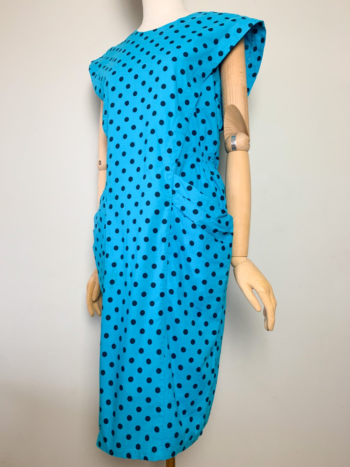 Robe Vintage Années 80 90 Coupe Crayon Turquoise à Pois Noir - 100% Coton - Boutons au Dos T40 (L)