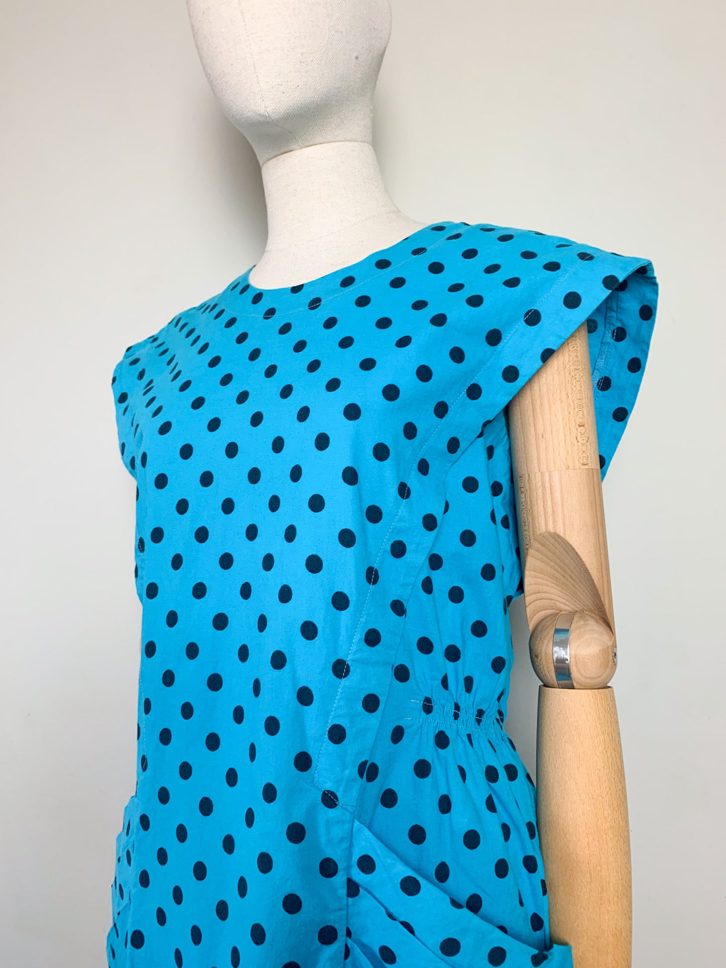 Robe Vintage Années 80 90 Coupe Crayon Turquoise à Pois Noir - 100% Coton - Boutons au Dos T40 (L)