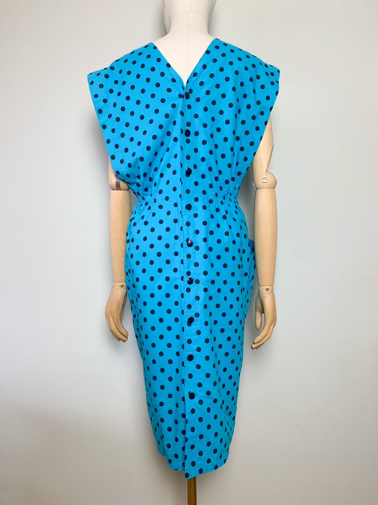 Robe Vintage Années 80 90 Coupe Crayon Turquoise à Pois Noir - 100% Coton - Boutons au Dos T40 (L)