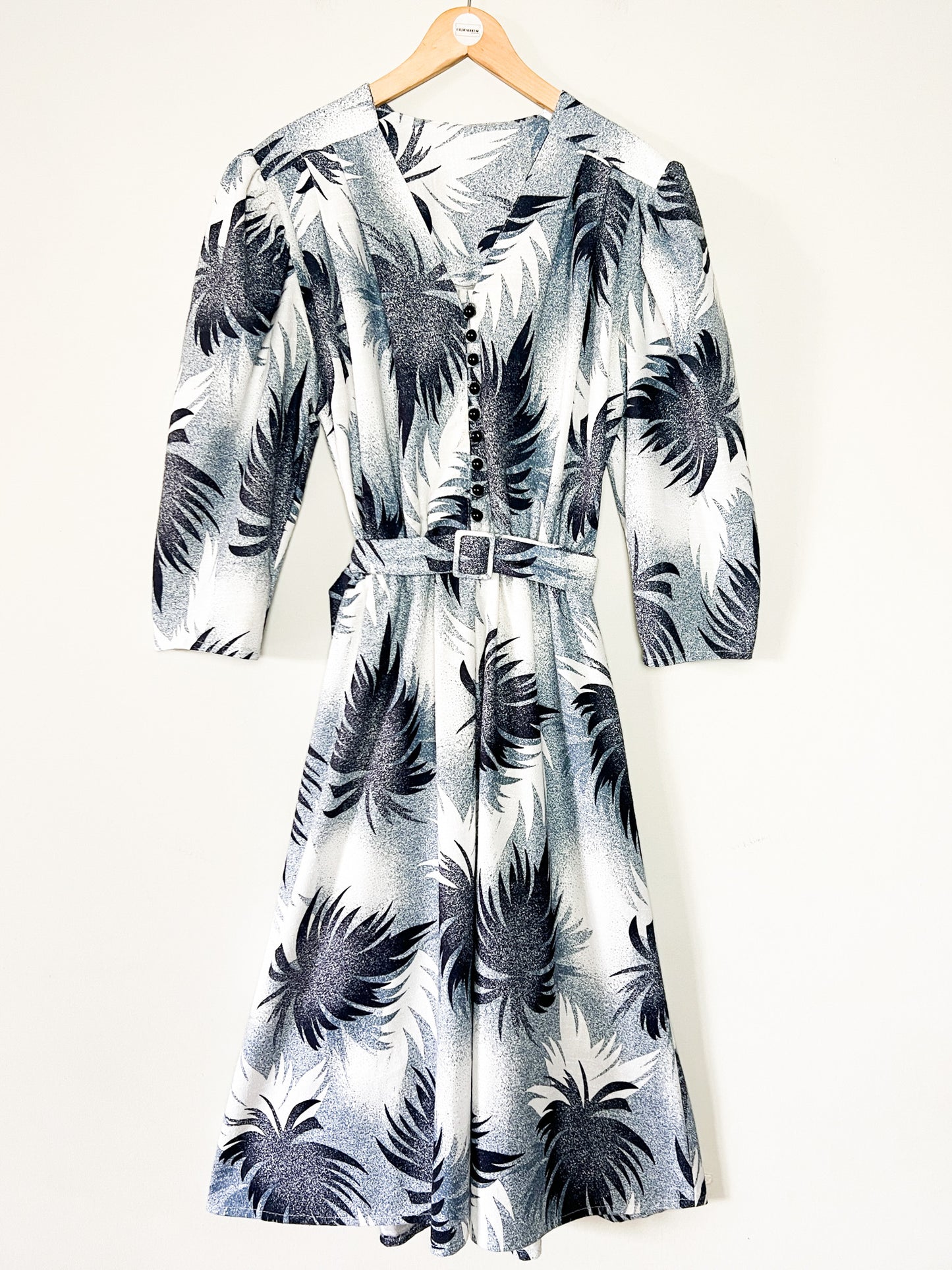 Robe Midi Vintage Année 80 - Imprimé Arty Abstrait - Bleu & Gris - T 38/40