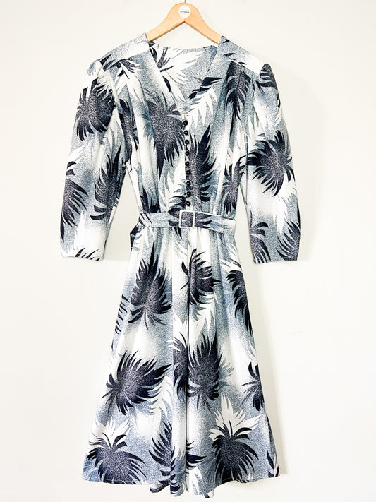 Robe Midi Vintage Année 80 - Imprimé Arty Abstrait - Bleu & Gris - T 38/40