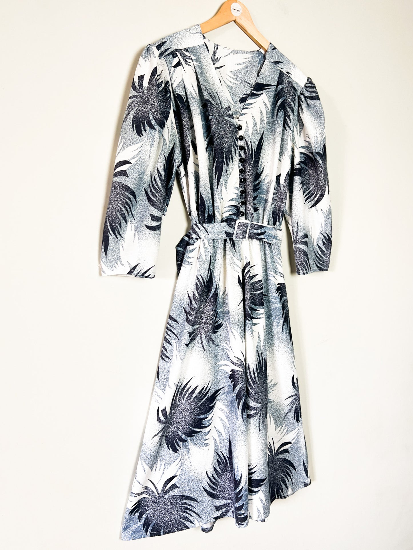Robe Midi Vintage Année 80 - Imprimé Arty Abstrait - Bleu & Gris - T 38/40